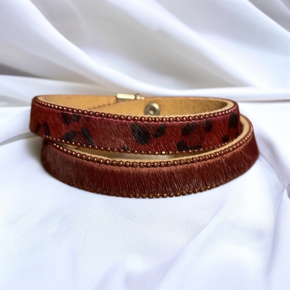 Leopard print leather fur wrap bracelet